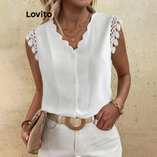 Lovito Blusa Casual De Renda Com Botão Liso Para Mulheres LNL42126