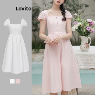 Lovito Vestido Elegante Drapeado Com Botões Lisos Para Mulheres L73AD071