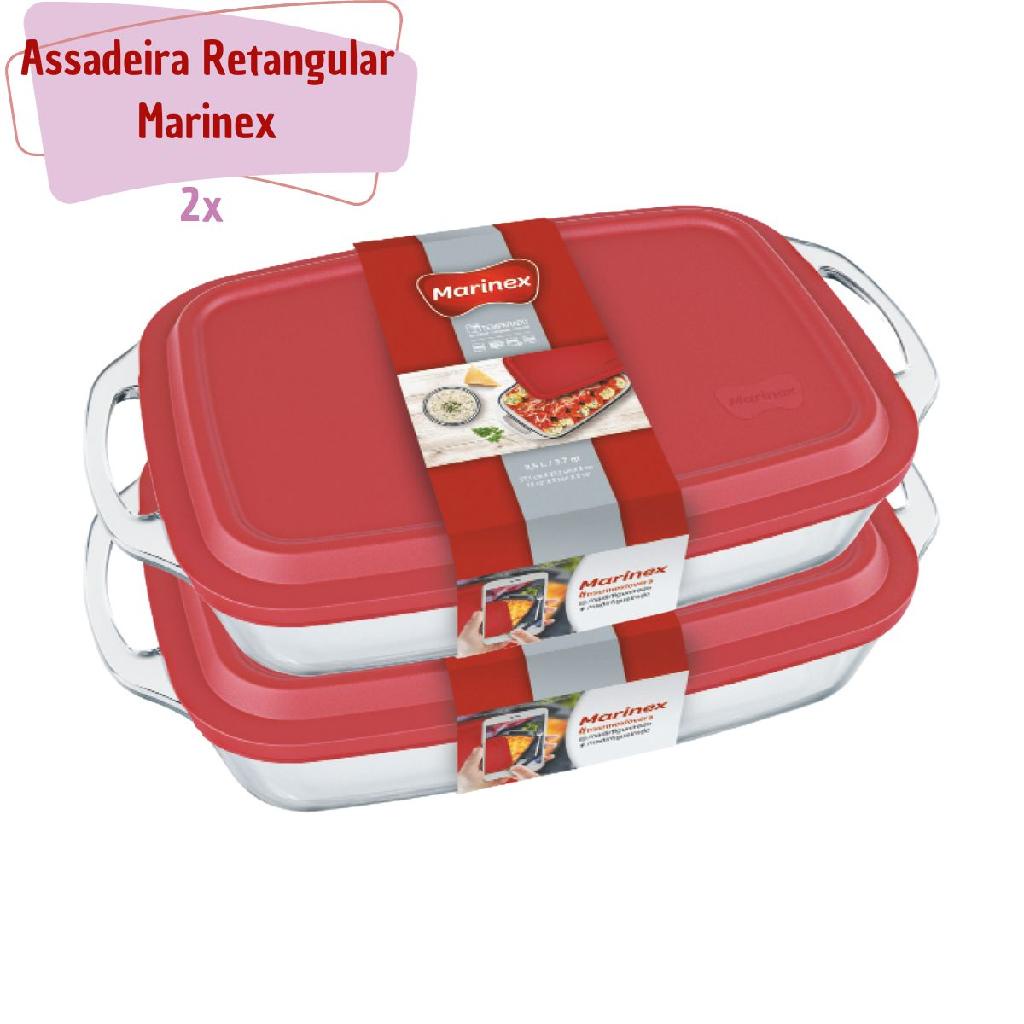 kit 2 Assadeira Retangular Vidro C Tampa Grande Alta 3,5L Marinex