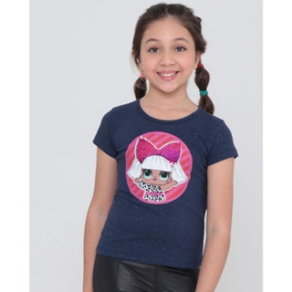 Blusa Infantil Estampa Boneca LOL Glitter Azul Marinho