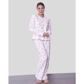 Pijama Feminino Manga Longa Floral Soft Off White