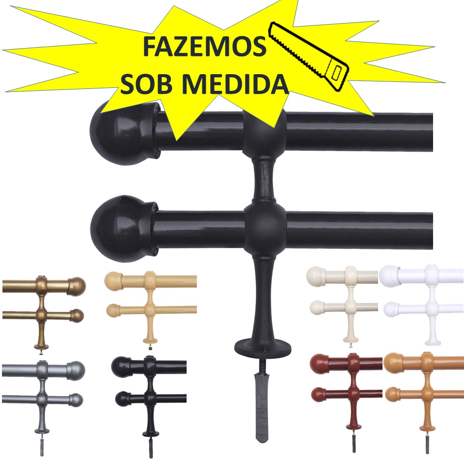 CONJUNTO varão para cortina DUPLO 2,10m 19/19mm fino em AÇO ferro com ponteira e suportes