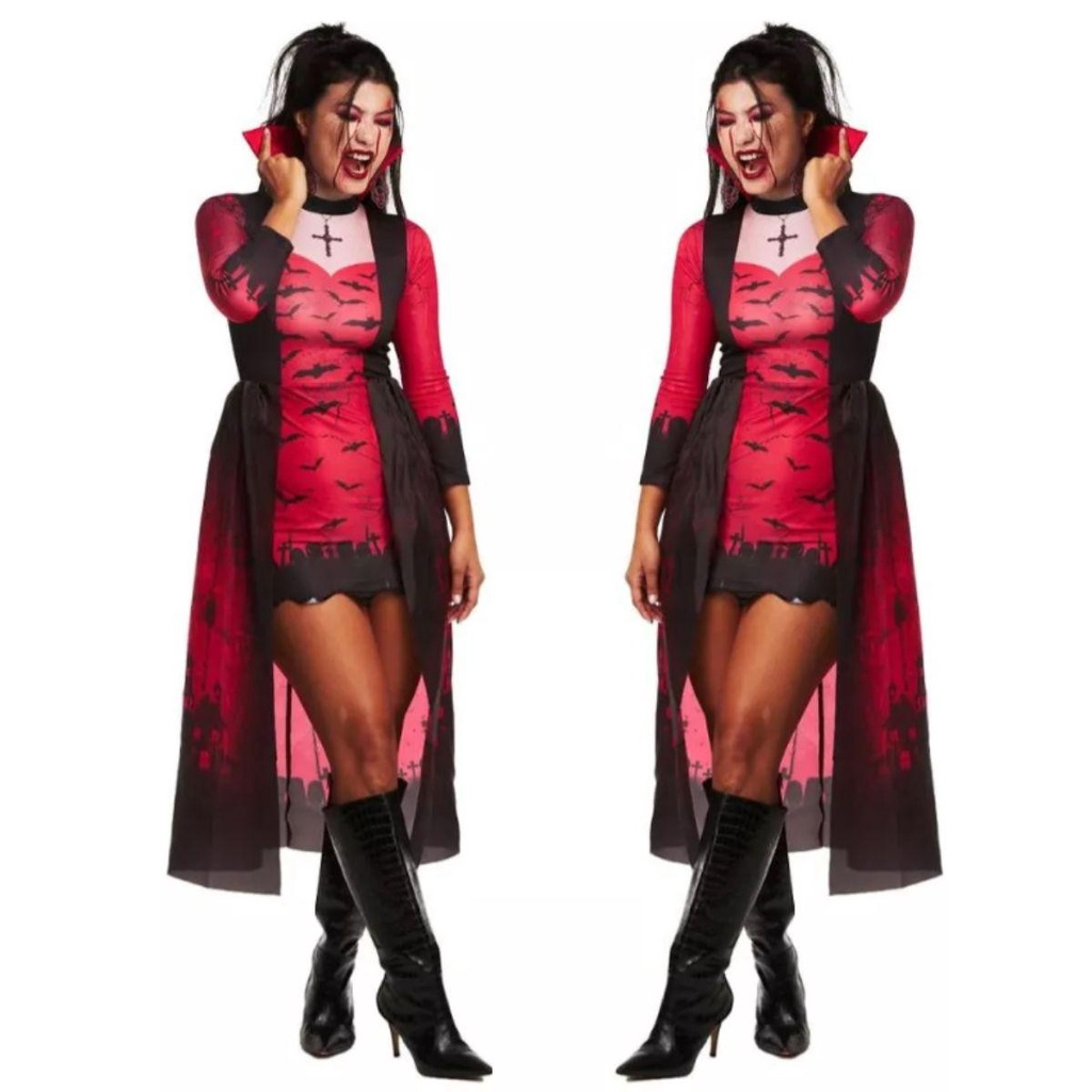 Fantasia Vampira Halloween Feminina Vestido Sexy Com Dentadura | Shopee  Brasil