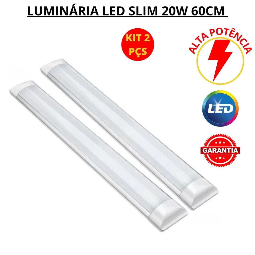 KIT 2 LÂMPADA LED LUMINÁRIA SLIM 60CM 20W BRANCA 6500K