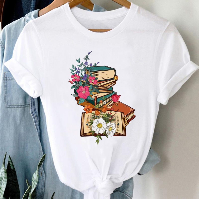 Livros Vintage Flores Design T-shirt Mulher 90s Harajuku Ullzang