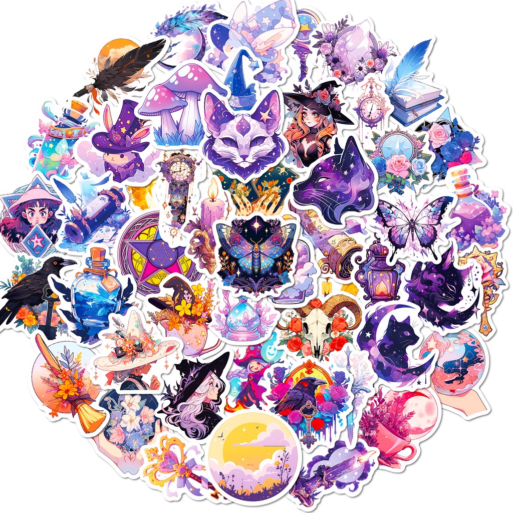 50PCS Elementos Mágicos Púrpura Ilusão De Bruxa Autocolantes De Grafite Para Capacete De Bicicleta Decalques De Lápis LanLanStickersWorld