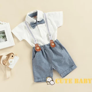 Eph-Infant Baby Boys Suit Long Sleeve Lapel Neck Botão Romper Camisa Com Calção Suspender