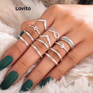 Lovito Anéis Femininos Com Linhas De Veias De Metal De Doze Peças Geométricas Com Corte Geométrico Da Lua Preppy LFA10151