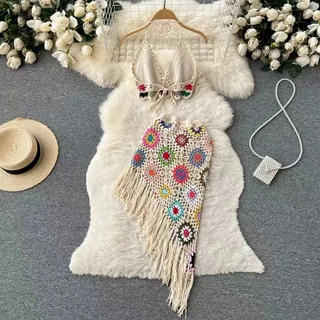 Tassel Tops De Malha Para Mulheres, Biquíni De Crochê, Moda Praia De Natação, Saia Oca