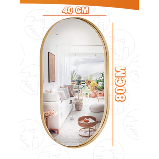 Espelho De Vidro Decorativo Corpo Inteiro Suspenso Banheiro Sala Oval Com Moldura Dourada 40x80cm