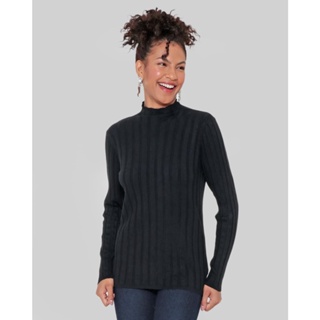 Blusa Feminina Tricô Canelada Gola Alta Preta