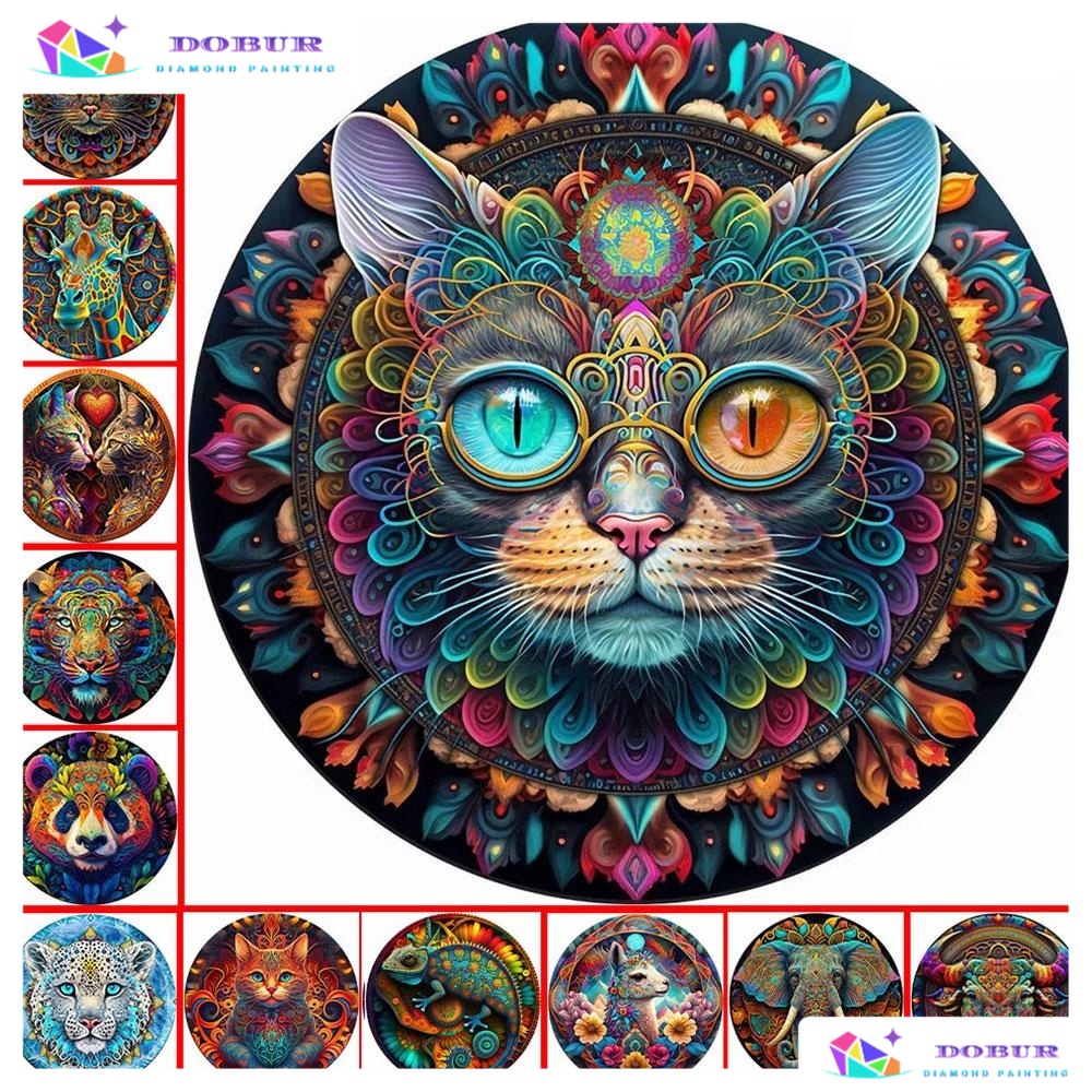 Dobur Pintura Com Diamante 30x30cm Diy 5d Gato Mandala Padrão Animais Tigre E Lobo Furadeira 5358