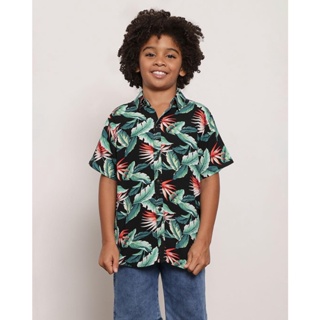Camisa Infantil Menino Viscose Estampa Folhagem Preta