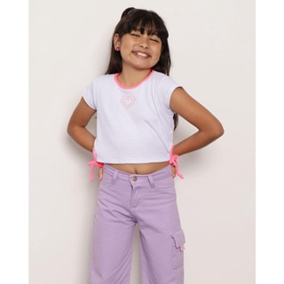 Blusa Infantil Manga Curta Canelada Aplique Strass Branca