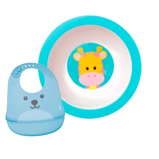 Pratinho Bowl Animal Girafa Babador de Silicone com Pega Migalhas Gumy Azul Proteja o seu Bebê da Sujeira