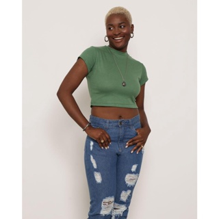 Blusa Cropped Feminina Gola Alta Canelada Verde