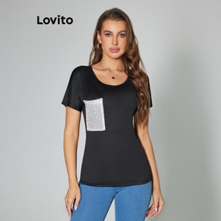 Lovito Camiseta Casual Lisa com Paetês para Mulheres LBL05200 (Preto)