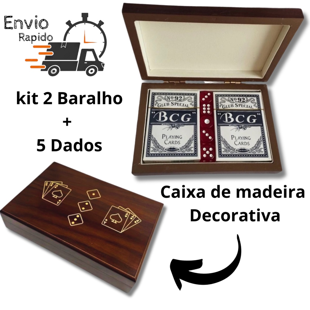 Kit 2 Baralho Profissional + 5 Dados + Estojo De Madeira Poker cartas Truco Luxo