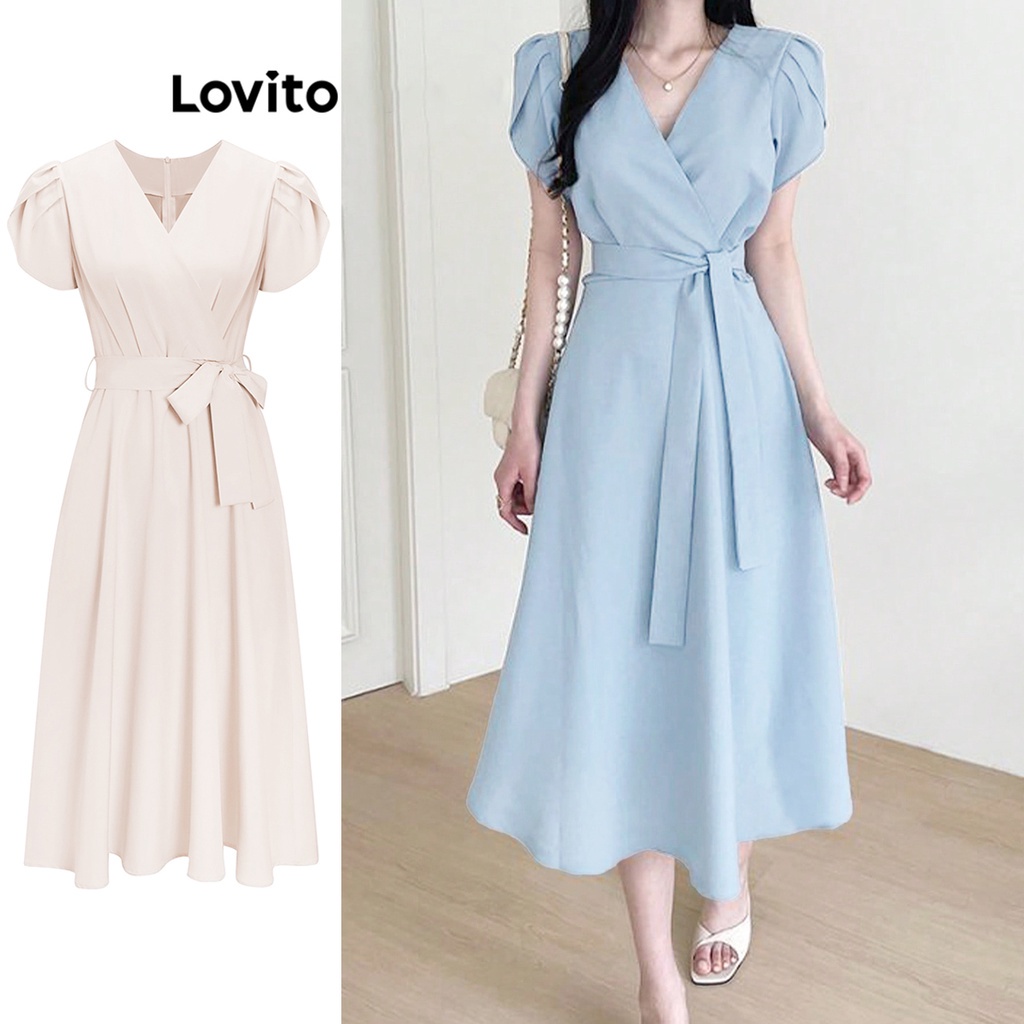 Lovito Casual Liso Vestido Evasê Feminino com Cinto L65ED138 (Damasco/Azul)