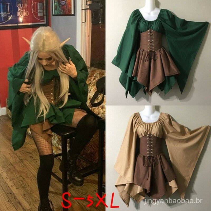 (Visualização do produto) Conjunto de vestido justo elfo da floresta medieval/fantasia de Halloween para mulheres 2023