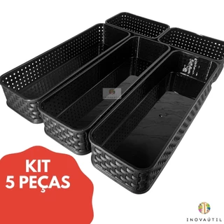 Organizador de Gaveta Preto kit C/5 Peças Organizador Modular Empilhável Rattan 30x10x06 e 15x10x06