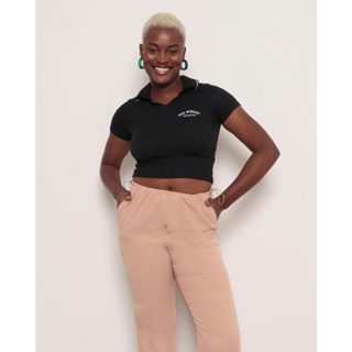 Polo Cropped Feminina Canelada Bordado Preta