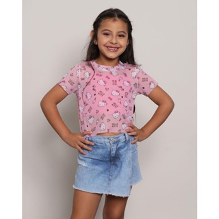 Blusa Infantil Hello Kitty Sobreposição Malha Telada Manga Curta Rosa