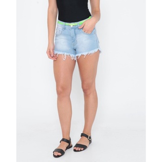 Short Jeans Feminino Com Cinto Neon Desfiados Azul Claro