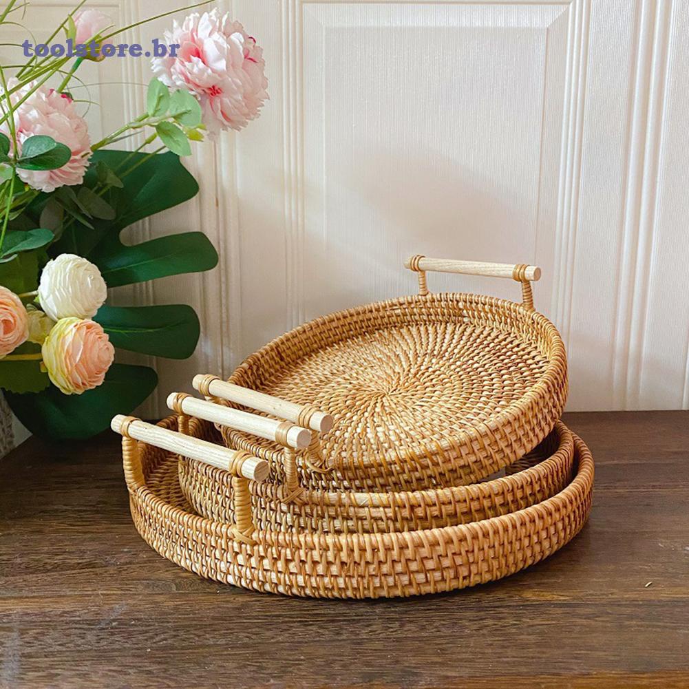 { Novo } Bandeja De Armazenagem Artesanal De Rattan Com Cesta De Vime Cabo De Madeira Para Ferramenta De Café De Bolo