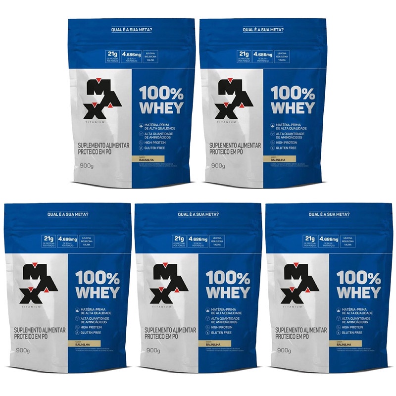 Kit 5 unidades 100% Whey Refil 900g Baunilha – Max Titanium