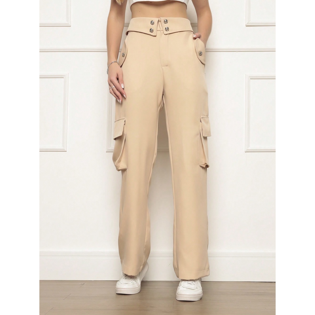 Calças femininas de estilo workwear pernas largas com múltiplos bolsos ...