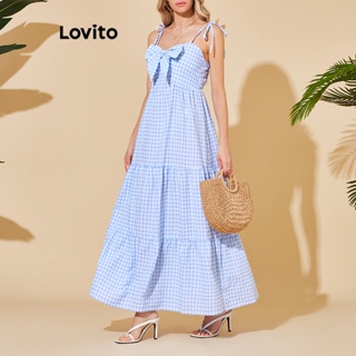 Lovito Vestido Casual Gingham Bow Front Para Mulheres LBL06049 (Azul)
