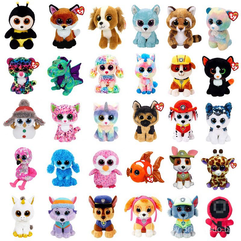 Ty Big Eyes Beanie Animal Fox Dog Unicórnio Dinossauro Leopardo Urso Flamingo Peixe Brinquedo Colecionável WXVY