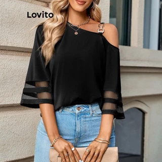 Lovito Blusa Casual Com Costura Em Tecido Liso Para Mulheres LNL35029 (Preto)