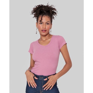 Blusa Feminina Decote V Canelada Rosa