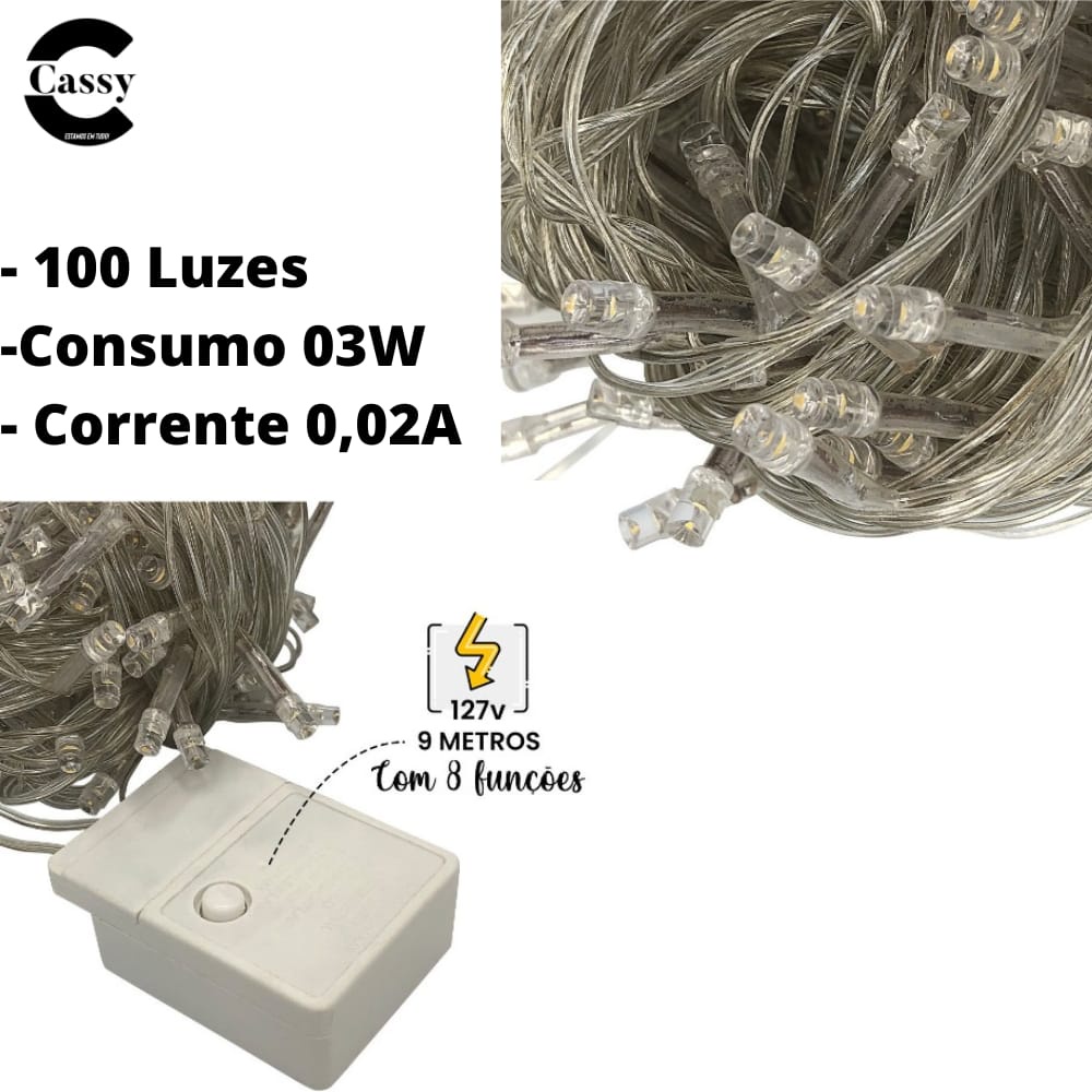 Varal Pisca Pisca 100 LEDs Coloridos de 9 Metros com 8 funções - 127v ...
