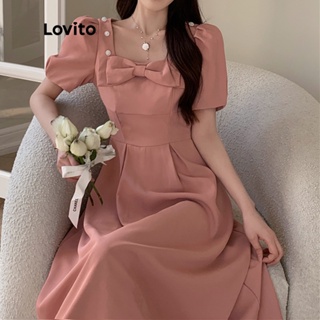 Lovito Vestido Feminino Casual Com Botões Frontais E Pérolas LNA14257 (Rosa)