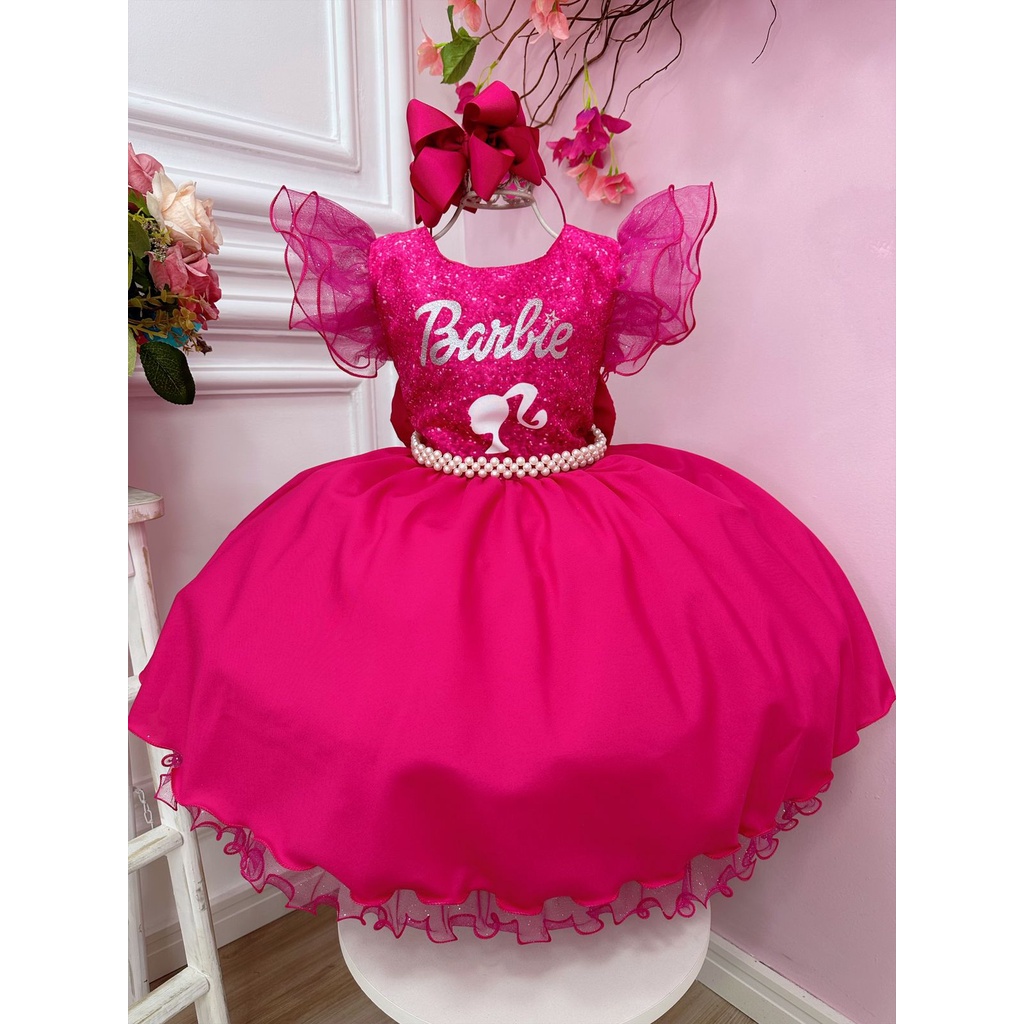 Vestido Infantil Barbie Luxo Rosa Com Cinto de Pérolas - Roupa