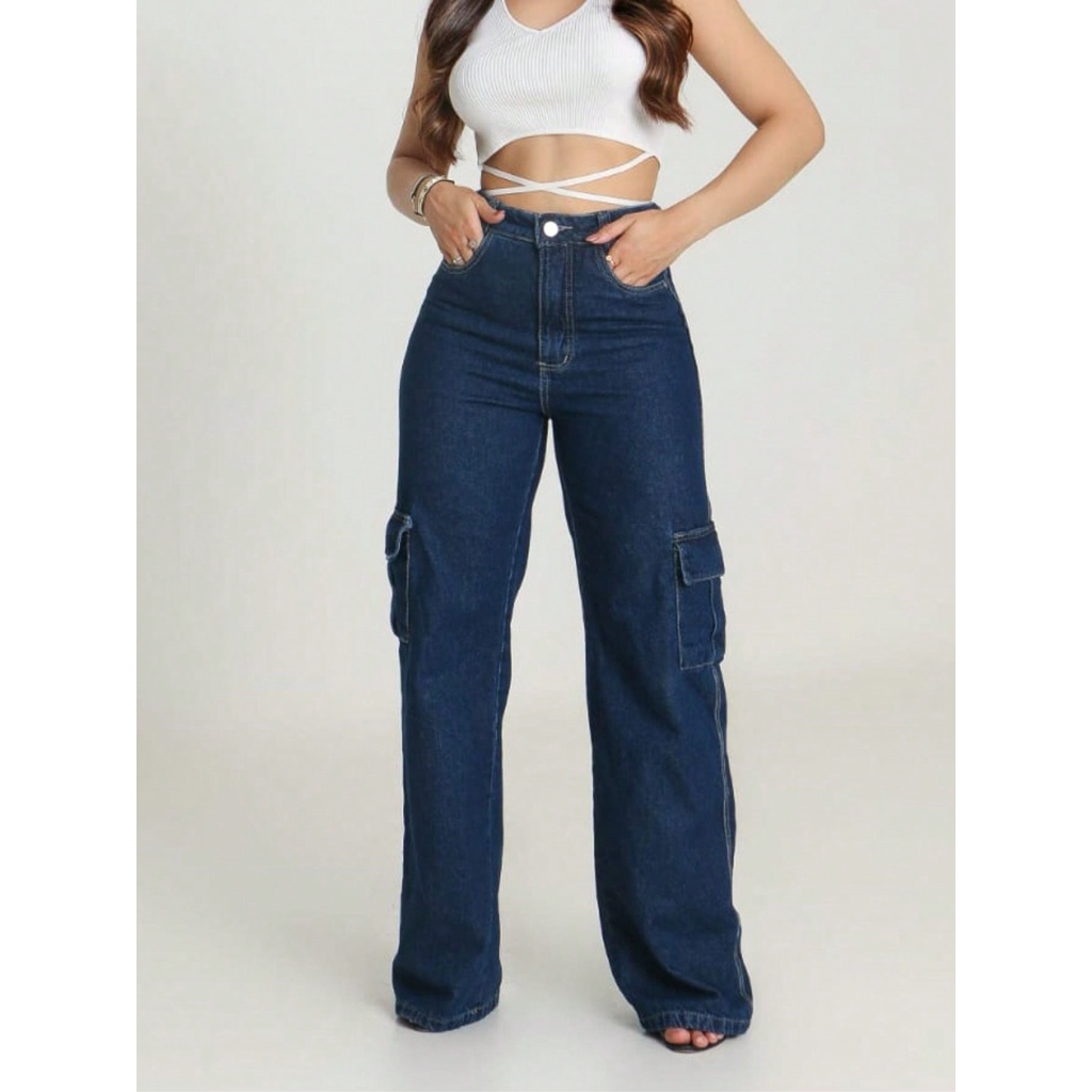 Calça Wide Leg em Jeans com Recorte Lateral Azul