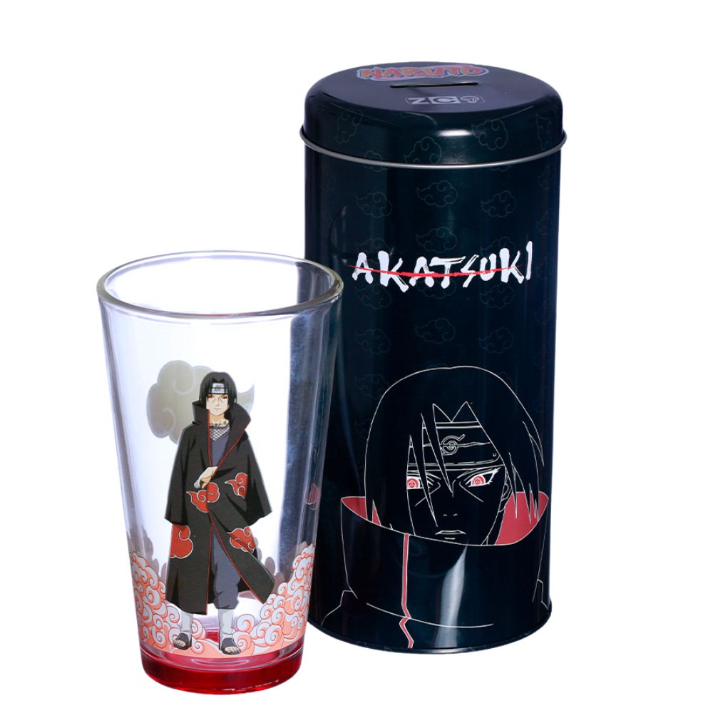 Itachi Uchiha Akatsuki Kit Copo De Vidro 500ml + Cofre Metal Oficial Naruto VIZ