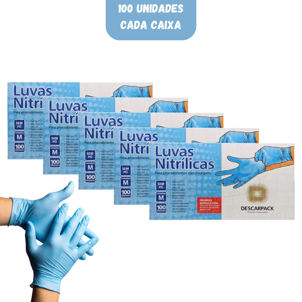 Luva Nitrílica Azul Tamanho M Descarpack - Kit 5 Caixas Com 100 Unidades Cada