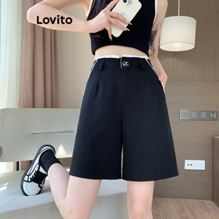 Lovito Shorts Casuais Com Bolso Liso E Contrastante Para Mulheres LNE31245 (Preto)