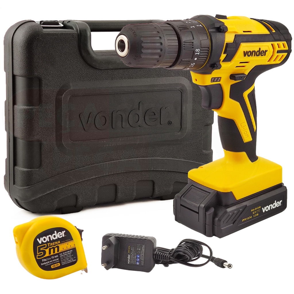Parafusadeira e Furadeira Com Impacto PFV074 12v + Acessórios + Trena 5M - Vonder