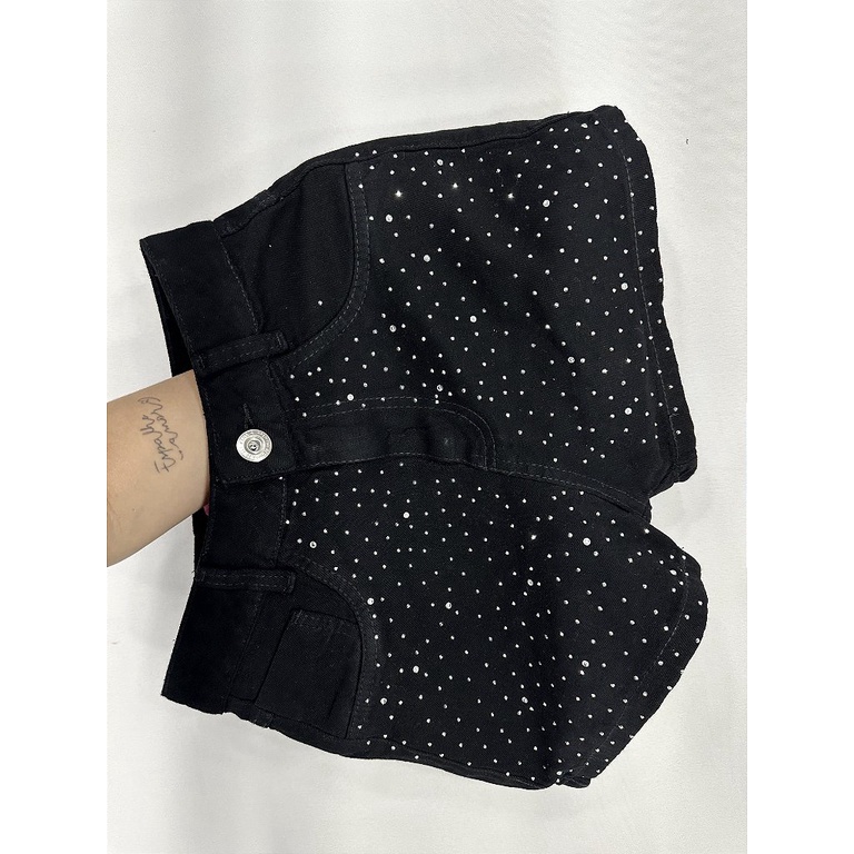 Short Feminino Jeans Branco Barra Fio Com Strass e Pedraria