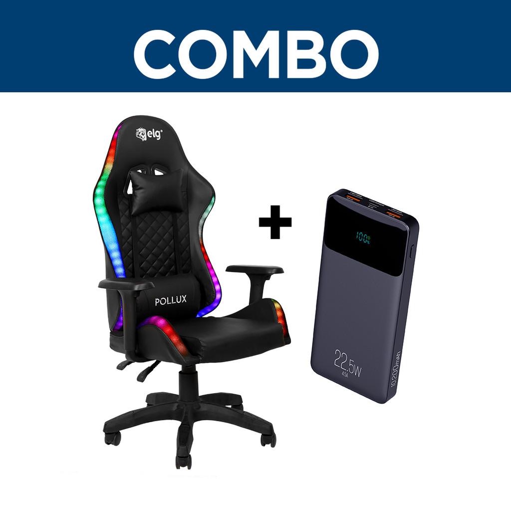 COMBO - Cadeira Gamer Ergonômica Pollux, CH08BKRGB + Power bank ELG Carregador Portátil 10.200mah