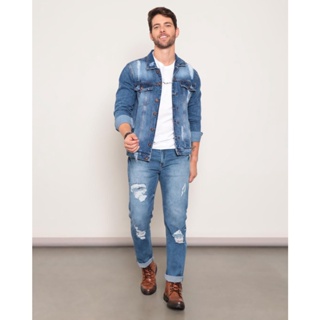 Calça Jeans Masculina Slim Destroyed Com Bolso Azul