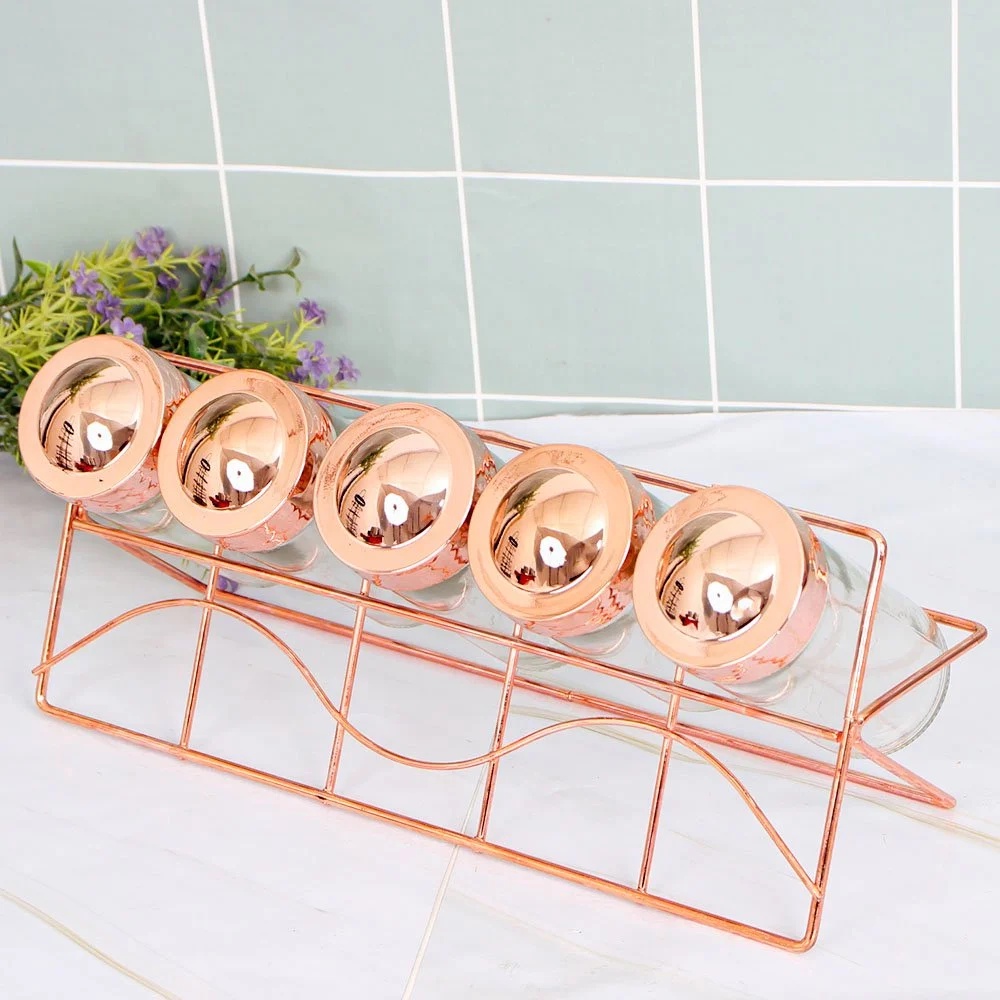 Porta Tempero Vidro Com Suporte Para Temperos Rose Gold Cozinha Moderna