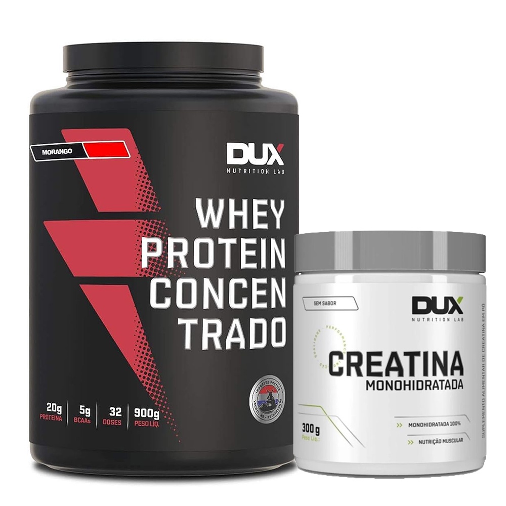 Kit Whey Protein Concentrado Dux 900g Pote Morango + Creatina MonoHidratada Pote 300g Dux