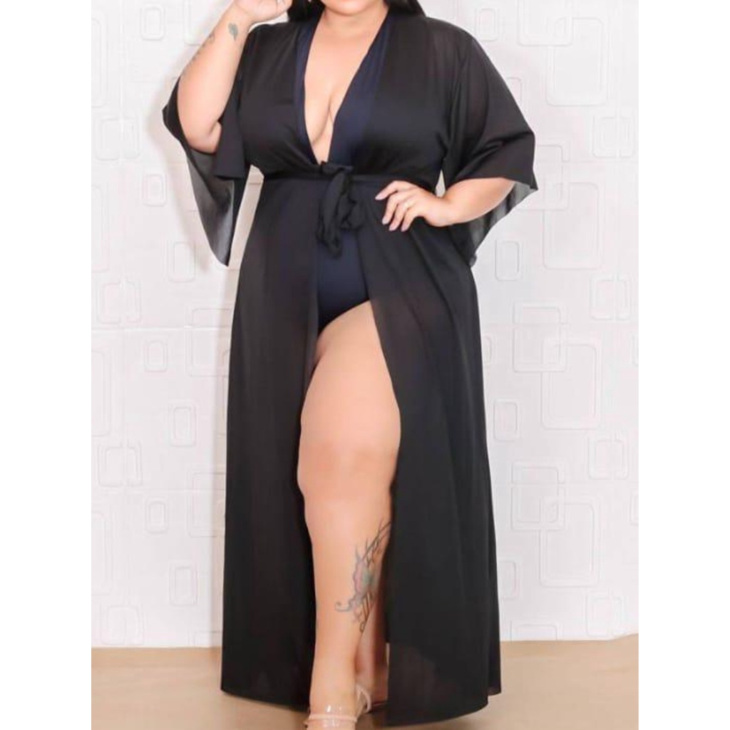 Quimono PLUS size saida de praia banho com cordão kimono sem tanga.