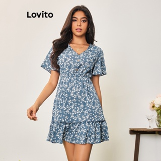 Lovito Casual Vestido Feminino Floral com Babados e Botão LBA05182 (Azul)